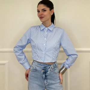 Camicia Crop a Righe 3147 Azzurro