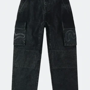 Evisu Distressed Seagull Appliqué Embroidery And Multi-pocket Loose Fit Cargo Pants Nero Uomo