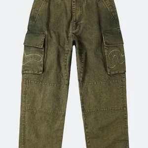 Evisu Distressed Seagull Appliqué Embroidery And Multi-pocket Loose Fit Cargo Pants Verde Uomo