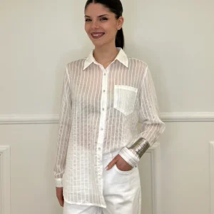 Camicia Tencel Spalmata a Righe 25802 Bianco