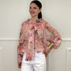 Blusa Voile Fiori Con Fiocco 4284 Rosa