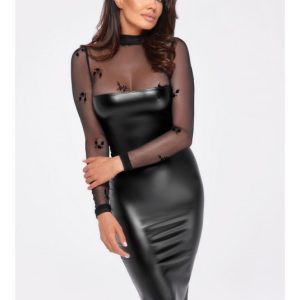 Abito wetlook midi con inserto in tulle decorato  AM088  nero