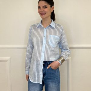 Camicia Tencel Spalmata a Righe 25802 Azzurro