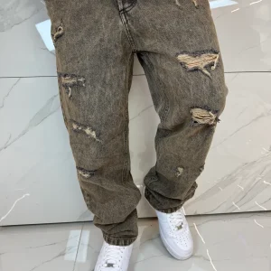 Jeans Loose Fit Beige Slavato Strappati Uomo Duca Homme - Fondo Regular