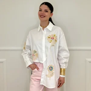 Maxi Camicia Fiori Paillettes 19892 Bianco