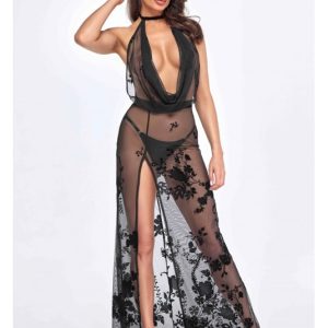 Abito lungo in tulle trasparente con spacco INT745 nero